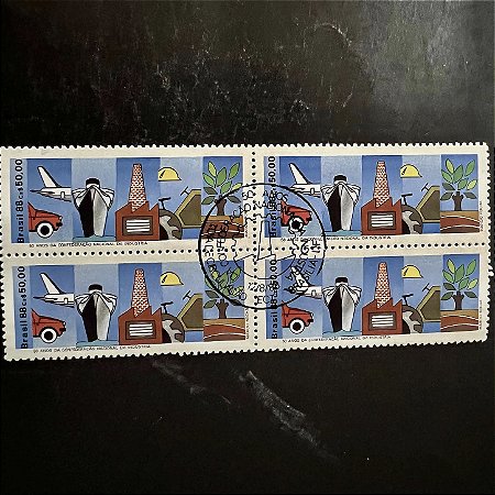 Quadra de Selos Comemorativos do Brasil - 50 Anos da Confederação Nacional da Industria - 1988 - com carimbo comemorativo - ref.2942