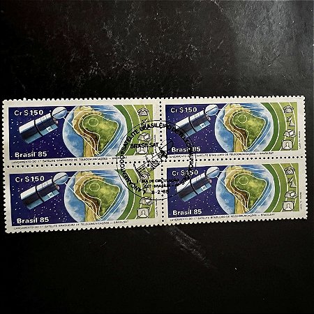 Quadra de Selos Comemorativos do Brasil - Lançamento do 1o. Satélite Brasileiro - 1985 - com carimbo comemorativo - ref.2944