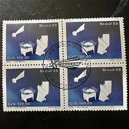 Quadra de Selos Comemorativos do Brasil - Natal 88 - Arte Origami - Jesus na Manjedoura - 1988 - com carimbo comemorativo - ref.2949