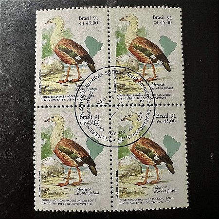 Quadra de Selos Comemorativos do Brasil - Conferencia das Nações Unidas sobre o Meio Ambiente - 1991 - com carimbo comemorativo - ref.2958
