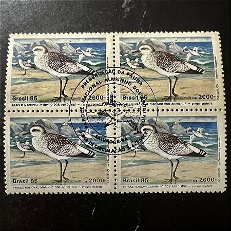 Quadra de Selos Comemorativos do Brasil -Preservação da Fauna Brasileira - Batuiruçu de Axila Preta - 1985 - com carimbo comemorativo - ref.2960