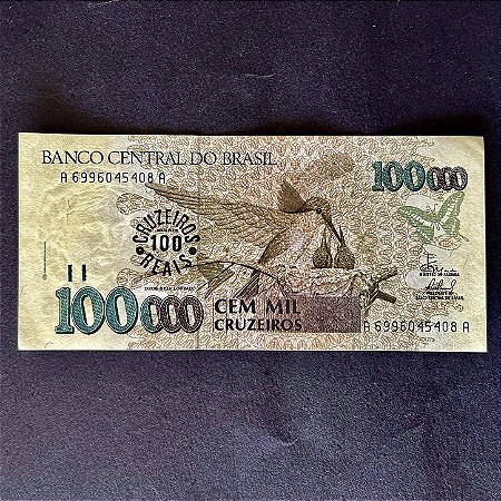 Cédula do Brasil - 100.000 Cruzeiros - carimbo 100 Cruzeiros Reais - FE - ref.3006