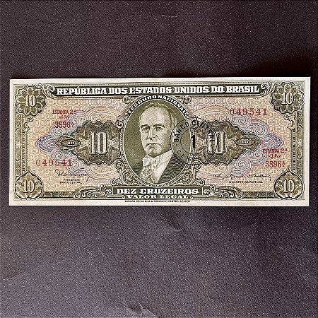Cédula do Brasil - 10 Cruzeiros - carimbo 1 Centavo - Getulio Vargas - Mbc - ref.3013