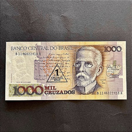 Cédula do Brasil - 1.000 Cruzados - carimbo 1 Cruzado Novo - Machado de Assis - FE - ref.3019