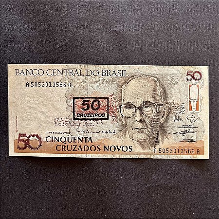 Cédula do Brasil - 50 Cruzados Novos - carimbo 50 Cruzeiros - Carlos Drumond de Andrade - FE - ref.3024