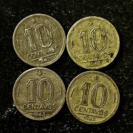04 Moedas do Brasil - 10 Centavos - 1943 - Getulio Vargas - Aluminio Bronze - Mbc - ref.3154