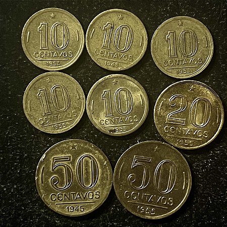 08 Moedas do Brasil - 10 cts-1948-1955-1955-1953-1953 - 20 cts 1955 - 50 cts 1945-1955 - Aluminio Bronze - Mbc - ref.3146