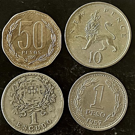 04 Moedas Estrangeira - Reino Unido 1976 - Chile 1999 - Argentina 1957 - Portugal 1946 - Mbc - ref.3252