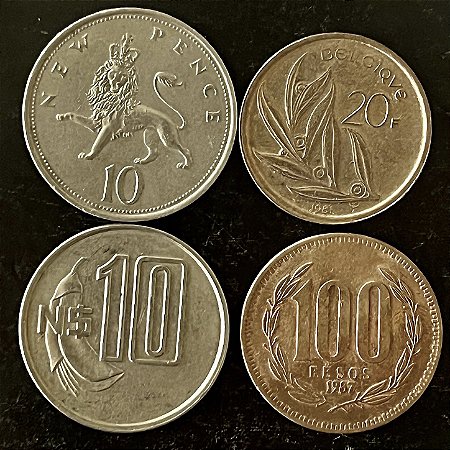 04 Moedas Estrangeira - Uruguai 1981 - Reino Unido 1968 - Chile - 1987 - Belgica 1981 - Mbc - ref.3254