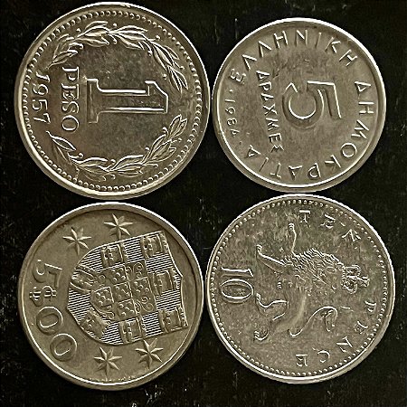 04 Moedas Estrangeira - Argentina 1957 - Reino Unido 2007 - Grecia 1984 - Portugal 1981 - Mbc - ref.3260