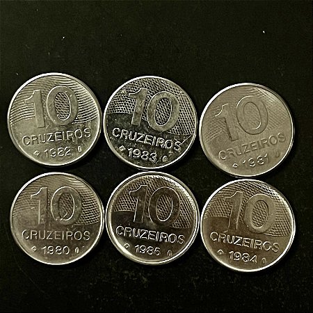 06 Moedas do Brasil 10 Cruzeiros - 1980-81-82-83-84-85 - Aço Inoxidavel - Mbc - ref.3287