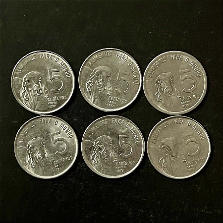 05 Moedas do Brasil - 5 Centavos - Série FAO - Carne - 1975-76-77-78-79 - Aço Inoxidavel - Mbc - ref.3295