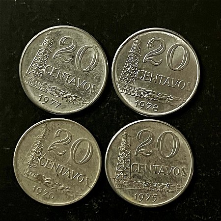04 Moedas do Brasil - 20 Centavos - 1970-75-77-78 - Aço Inoxidavel - Mbc - ref.3305