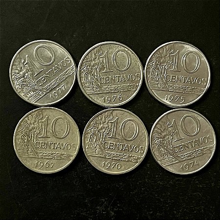 06 Moedas do Brasil - 10 Centavos 67-70-74-75-76-77 - Aço Inoxidavel - Mbc - ref.3307