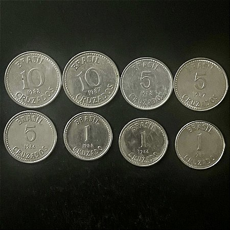 08 Moedas do Brasil - 1 Cruzado 86-87-88 - 5 Cruzados 86-87-88 - 10 Cruzados 87-88 - Aço Inoxidavel - Mbc - ref.3324