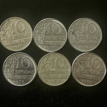 06 Moedas do Brasil - 10 Centavos - 1967-70-75-76-77 - Aço Inoxidavel - Mbc - ref.3325