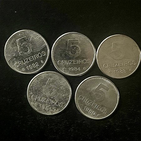 05 Moedas do Brasil - 5 Cruzeiros - 1980-81-82-83-84 - Aço Inoxidável - Mbc - ref.3331