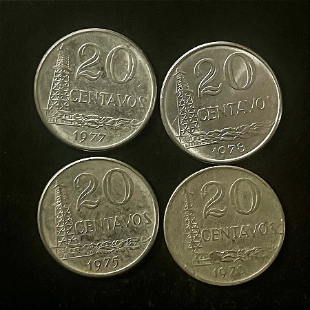 04 Moedas do Brasil - 20 Centavos - 1970-75-77-78 -Aço Inoxidavel - Mbc - ref.3334