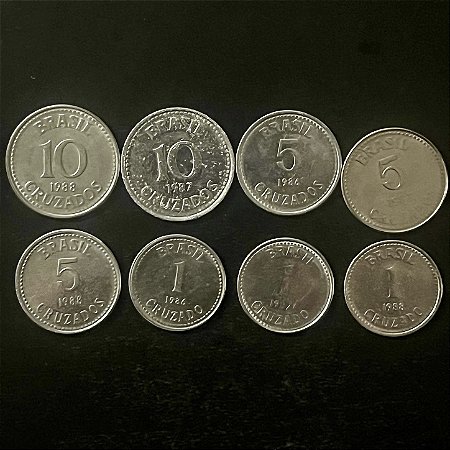 08 Moedas do Brasil - 1 Cruzado 86-87-88 - 5 Cruzados 86-87-88 - 10 Cruzados 87-88 - Aço Inoxidavel - Mbc - ref.3335