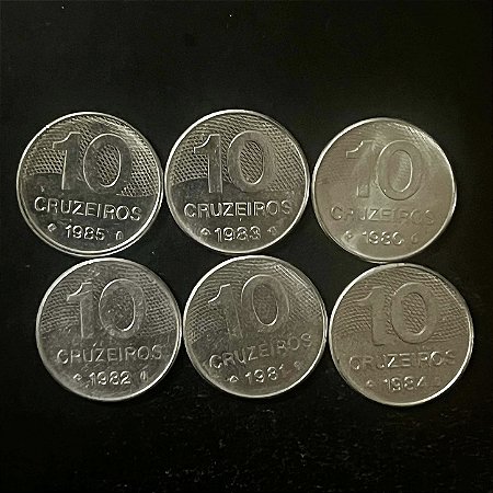 06 Moedas do Brasil - 10 Cruzeiros - 1980-81-82-83-84-85 - Aço Inoxidavel - Mbc - ref.3338