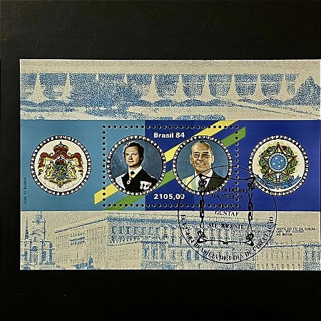 Bloco de Selos do Brasil - Visita do Rei da Suécia Carl Gustaf - 1984 - Com carimbo comemorativo - ref.3374