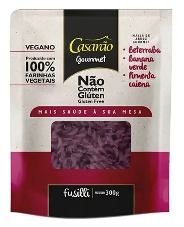 Macarrão de Arroz Gourmet Fusilli Beterraba, Banana Verde Casarão 300g Sem Glúten e Vegano