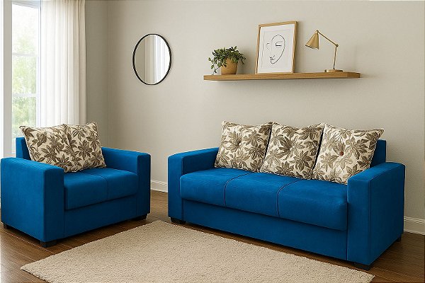 CONJUNTO DE SOFÁS 2 E 3 LUGARES FLEX AZUL
