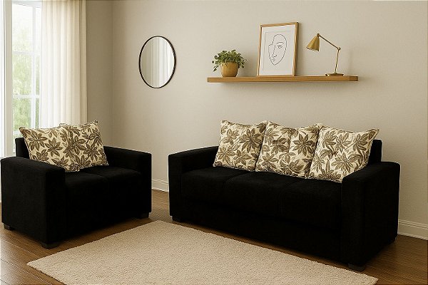 CONJUNTO DE SOFÁS 2 E 3 LUGARES FLEX PRETO