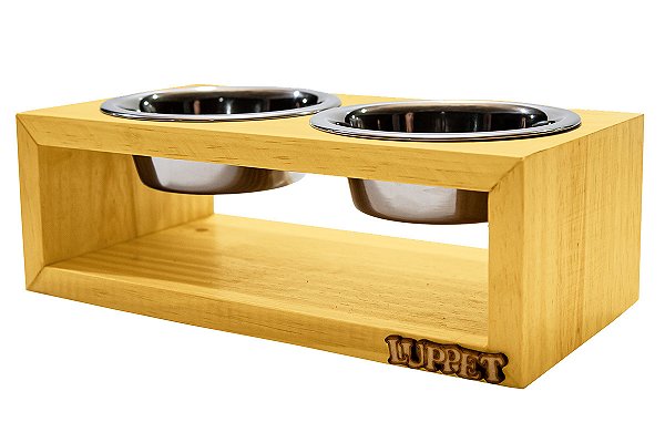 Comedouro Duplo De Madeira Personalizado Com Potes Inox Para Gatos E Cachorros C