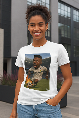 "Camiseta Vinícius Jr. Drible de Fogo – Edição Caricatura Realista"