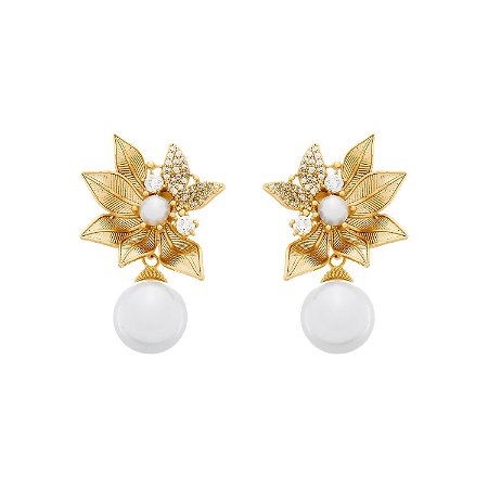 Brinco Dourado com Folhas em Zircônia e Pérolas