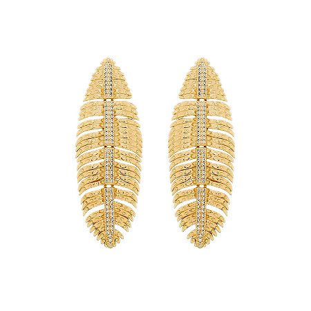 Brinco Dourado de Pena Cravejado de Zircônia