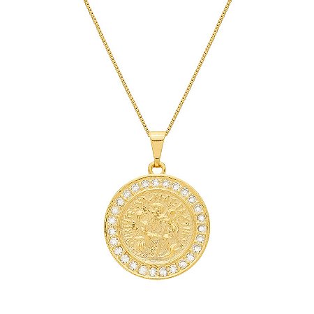 Colar Dourado Medalha São Miguel Arcanjo Cravejado de Zircônia