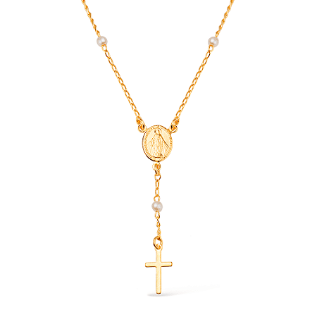 Colar Dourado Religioso Terço Cruz e Pérolas