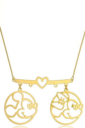 Colar Personalizado Mickey E Minnie Coração Folheado Em Ouro 18k