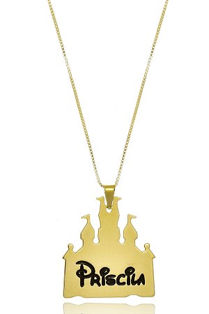 Colar Personalizado Castelo Da Disney Nome Folheado Em Ouro 18k