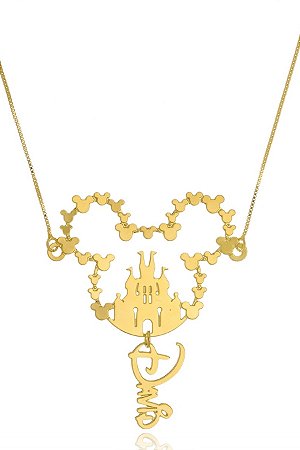 Colar Personalizado Mickey Com Castelo E Nome Folheado Em Ouro 18k