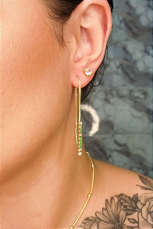 Brinco Fio De Corrente De Zircônias Coloridas Sortidas Banhado Em Ouro 18k