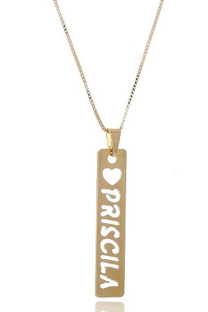 Colar Personalizado Retangular Com Coração E Nome Vazado Folheado Em Ouro 18k