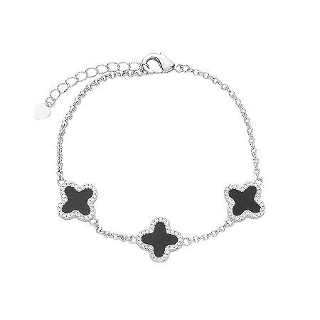Pulseira Prateada de Trevos Pretos Cravejados de Zircônia