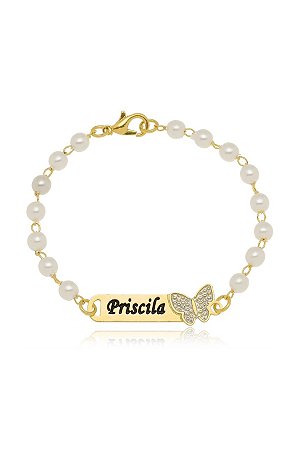 Pulseira Personalizada Com Perola E Nome Folheado Em Ouro 18k