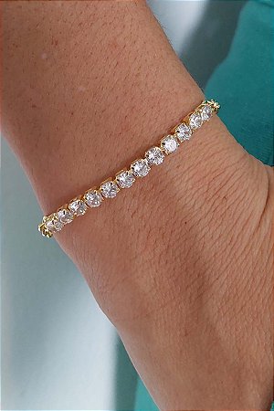 Pulseira Elos Redondos Com Faixa De Zircônia Banhado Em Ouro 18k