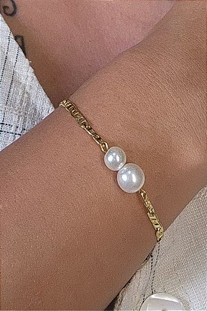 Pulseira Corrente Com Duas Pérolas Grandes Banhado Em Ouro 18k