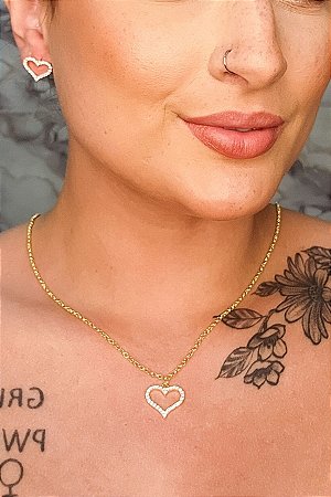Conjunto De Coração Com Zircônia E Corrente Em Elos