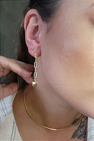 Brinco Argolinha Com Corrente E Coração Banhado Em Ouro 18k