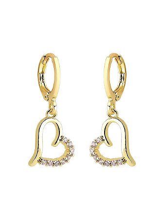 BRINCO ARGOLA CORAÇÃO CRAVEJADO LILAS FOLHEADO A OURO 18K
