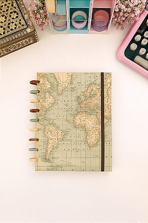 Caderno Disco Reposicionável Mapa Mundi - Folhas Decoradas - A5