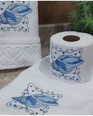 Kit Lavabo 3 Peças Bordado – Tema Conchas | Linha Soft Art Döhler