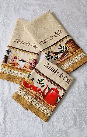 Pano de Prato Rústico Tema Café - Conjunto com 3 Peças