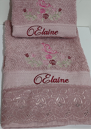 Jogo de Banho Premium Rosa seco- Bordado Exclusivo Borboleta e rosa - Duas peças